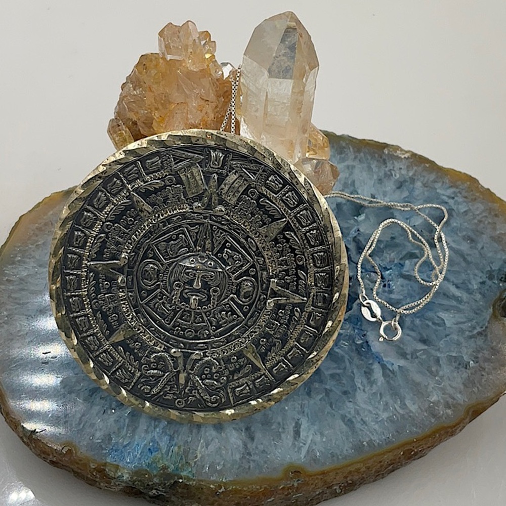 Vtg.17” Sterling Silver Necklace With Signed Sterling Silver 925 Mayan Sun God - Picture 5 of 8